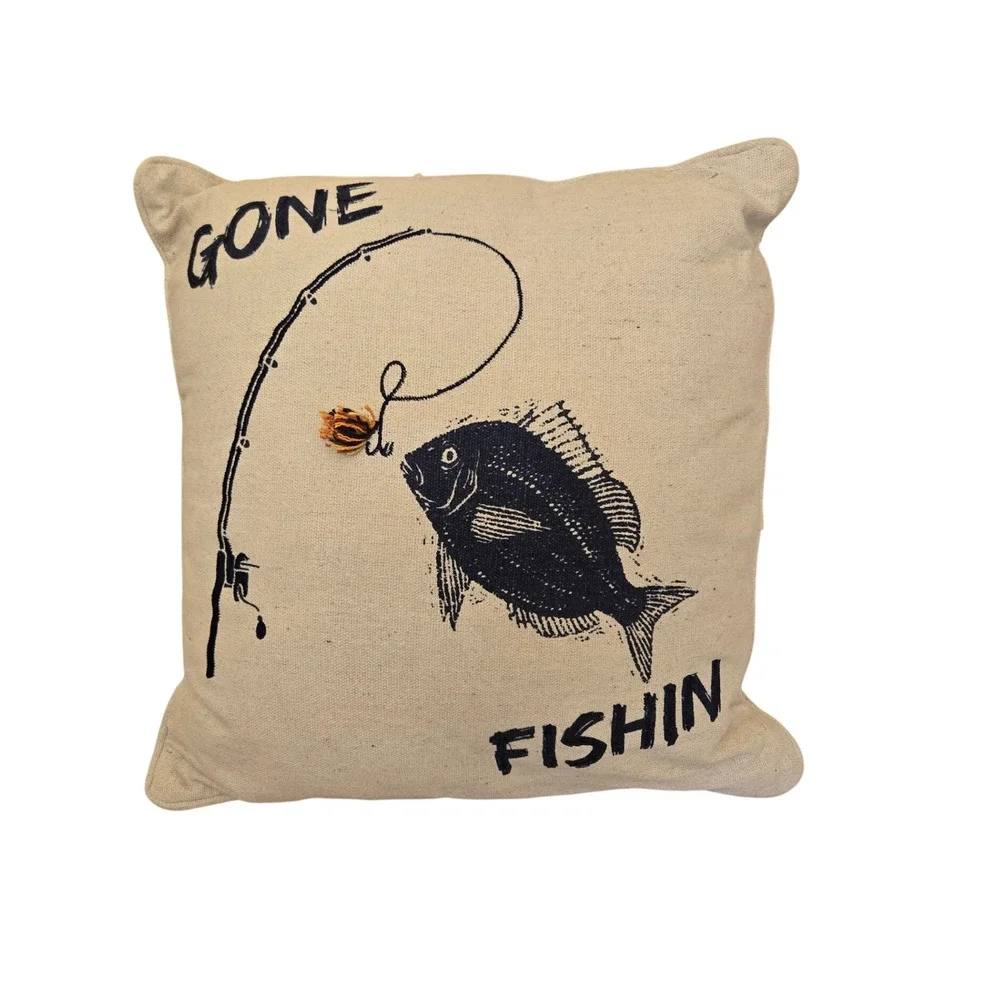 Gone Fishin Throw Pillow Screen Print Recycled Cotton Canvas